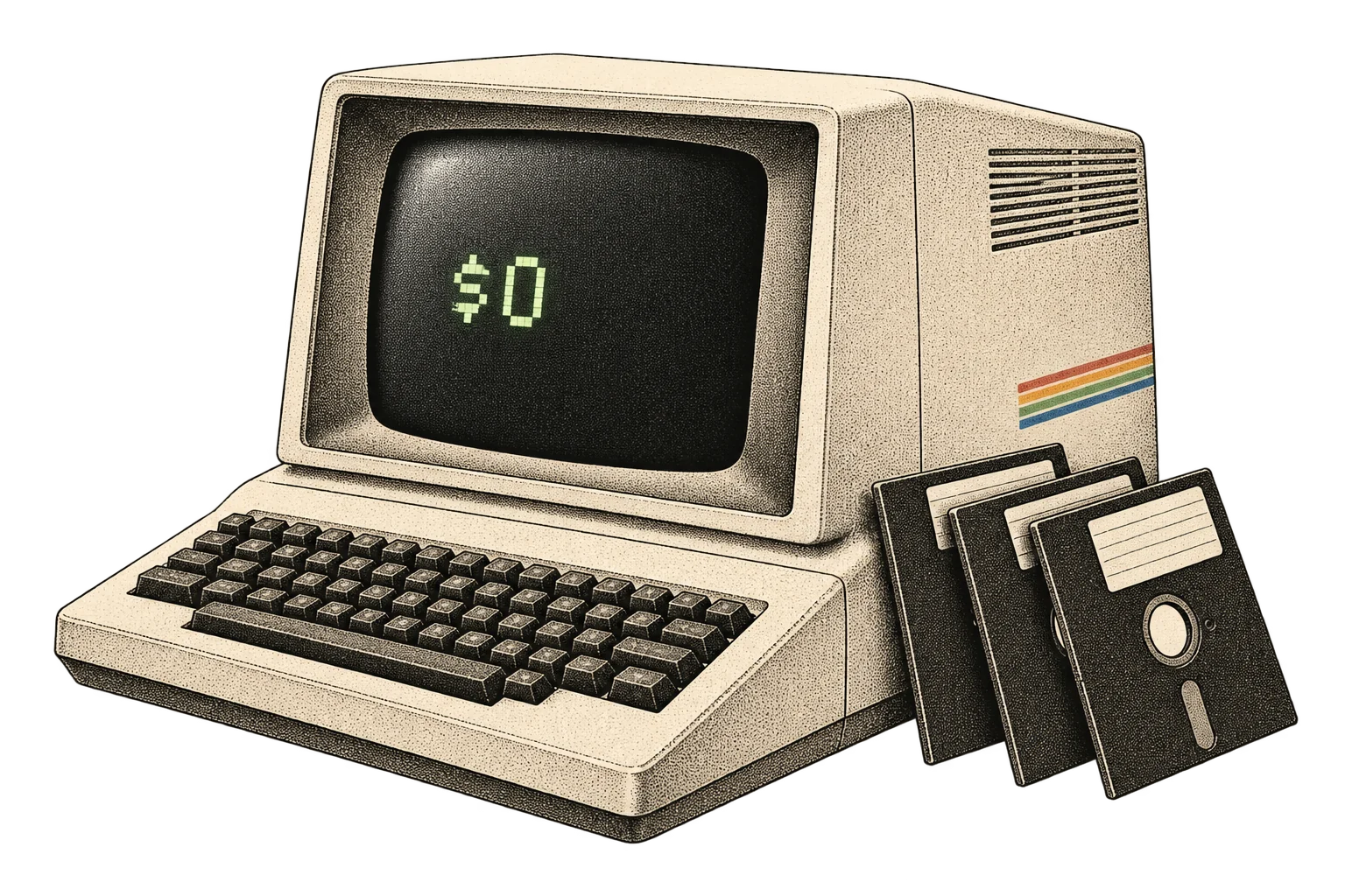 A vintage desktop computer displaying zero dollars